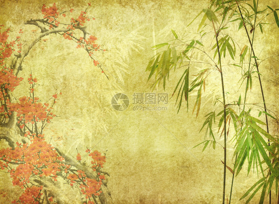 古旧纸纹上的竹梅花图片