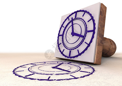 一枚印有挤压时钟脸的橡皮邮票和一张印有紫墨印背景图片