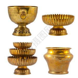 旧古董复古黄金黄铜碗白色背景隔离图片