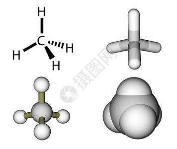 在白色背景上分离的甲烷结构公式和分子模型图片