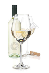 白葡萄酒杯瓶子和软木玻璃图片