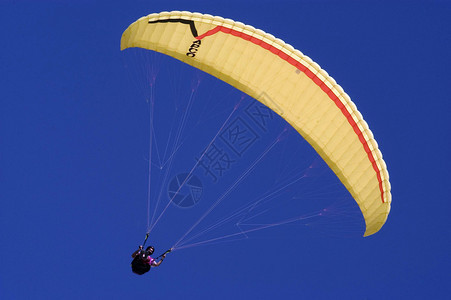 滑翔伞在湛蓝的天空下滑翔图片