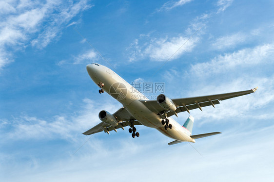 客机降落在蓝色多云的天空图片
