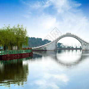 苏州园林蓝天下的桥湖图片