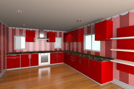 用红色壁纸和木地板模拟最起码的厨房间理想是内置图片
