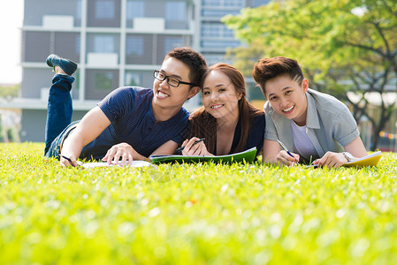 在校园草坪上学习的学生图片