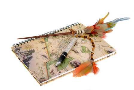 带笔和羽毛的旅行日记在白图片