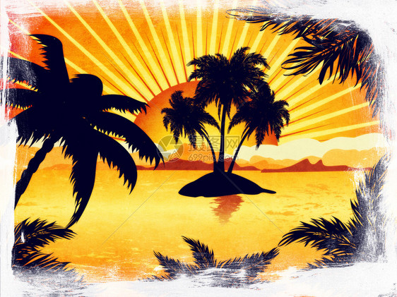 棕榈树的轮廓在大湖日落图片