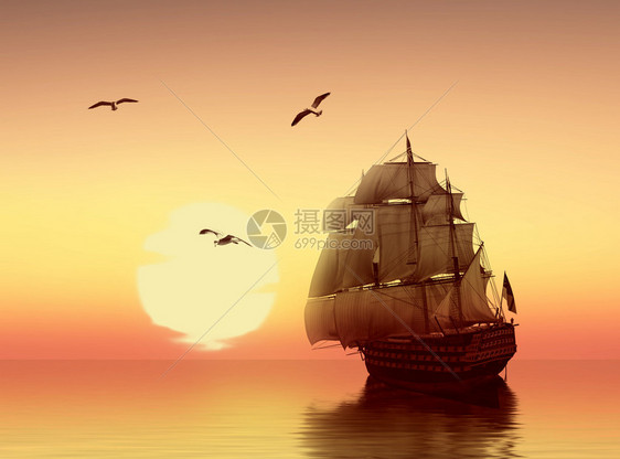 日落时在海中划船图片
