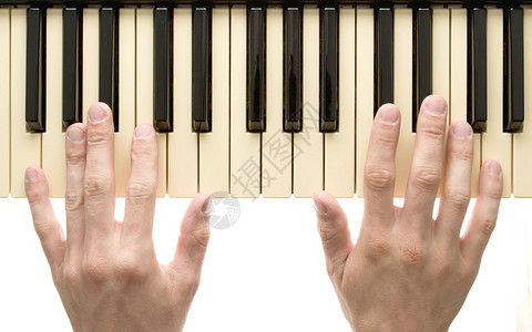 双手放在白色背景上的钢琴键盘图片