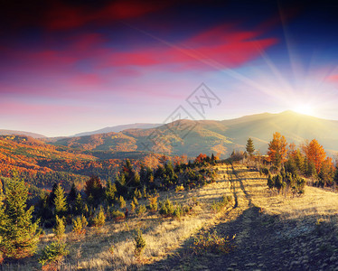 在秋天山风景的雄伟日落图片