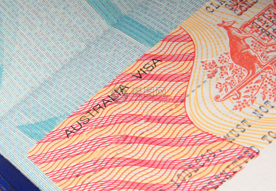 护照上的澳大利亚签证特写图片