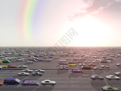 计算机在日落时用汽车和彩虹制图片