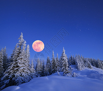 夜晚山顶的冬季风景满月和星空喀尔巴阡图片