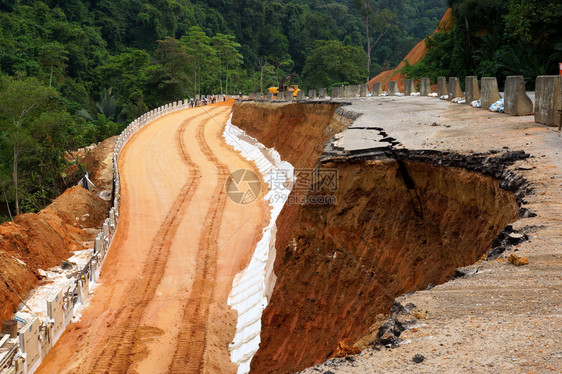 破烂的柏油路一边倒塌自地面塌陷图片