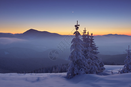 冬季风景与黄昏中的山峰喀尔巴阡山脉图片