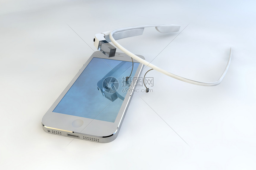 白色平面上的移动电话触摸技术和交互式眼镜图片
