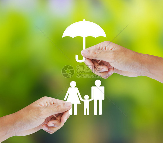 手持纸式家庭和关于绿色背景保险概念的图片
