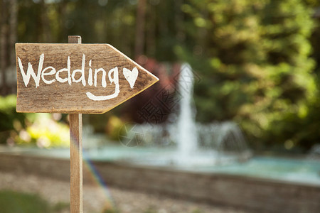婚礼在绿色背景和喷泉的盘子上举行婚礼装饰品标志结婚仪式图片