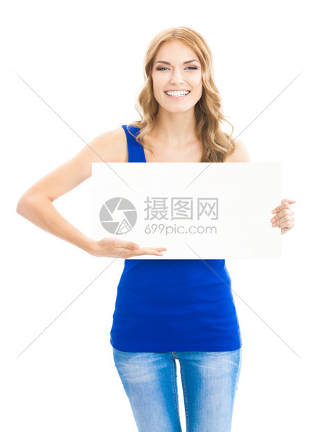 快乐笑的年轻女子展示空白招牌标牌或横幅图片