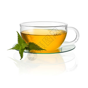TeeglasBrennesseltee饮料茶杯分离叶药用植物荨麻叶亚洲切口香气凉茶健康热饮感冒白色背景在工作室中创建图片