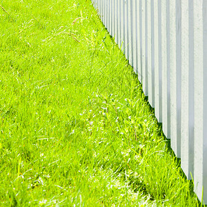 白色栅栏和新鲜的绿草特写图片