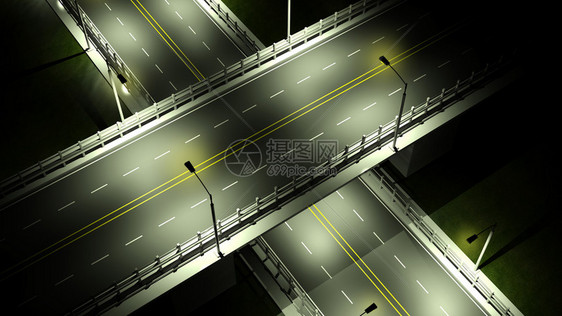夜间有天桥的高速公路灯光特写图片
