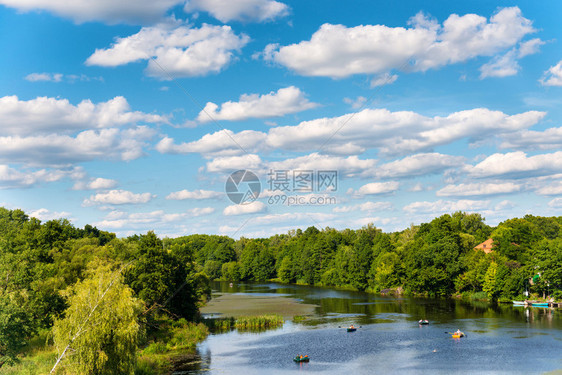 湖上的森林蓝天白云图片