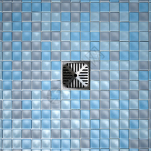 淋浴地板装饰着一套蓝色的有蓝板的小广场浴室马赛克和中间图片