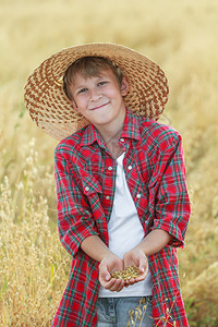 微笑的十几岁的农场男孩肖像正在收割时间田里图片