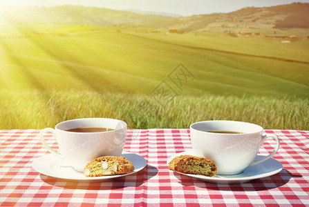 意大利的咖啡和甘图奇尼在彩布上与托斯图片