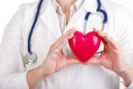 女医生的手在她的胸前握着红色的玩具心医生的手特写医疗帮助预防或保险概念心脏病学护理健康图片