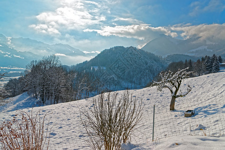 靠近格鲁耶雷斯镇的美丽的冬季风景图片