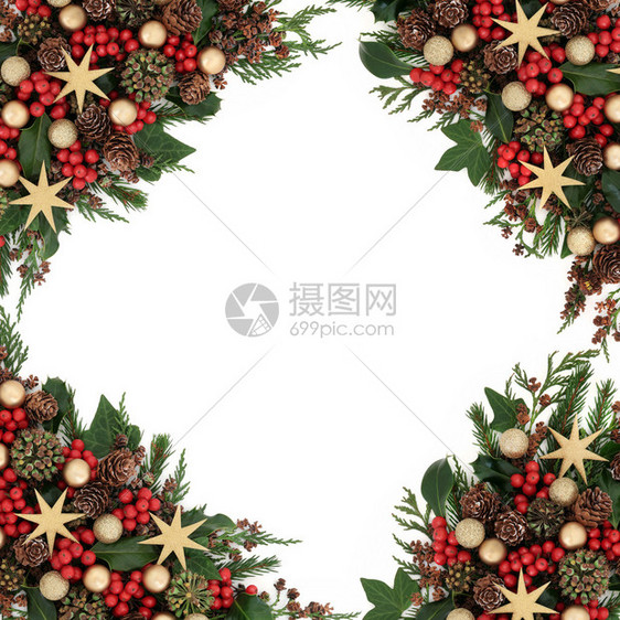 圣诞背景与恒星和金黄的装饰品霍利寄生虫常春藤和冬图片