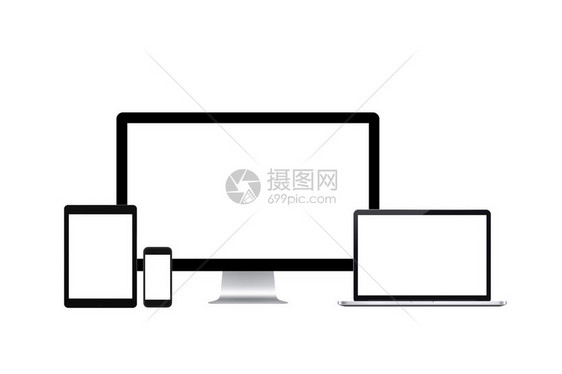 现代计算机设备智能手机手机平板电脑触摸屏设备笔记本电脑电脑显示器和个人电脑系列对象以白色隔离并具有白色空白屏幕大图片