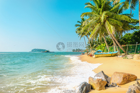 充满棕榈树的美丽奇异沙滩与黄海图片