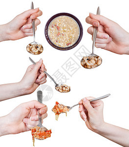 一群手握着勺子和各种汤团在白色的背面图片
