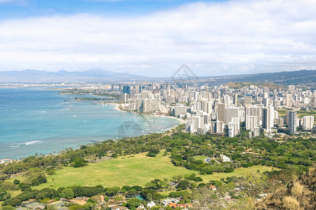 夏威夷瓦胡岛的檀香山市和威基的全景天际线景观背景图片