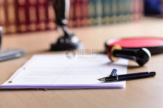 合同在办公桌上等待公证人的公证人标志图片