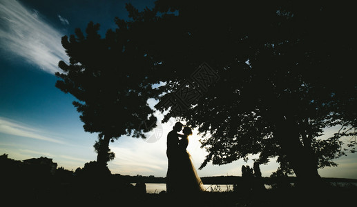 新娘站在公园里温柔地互相看背景图片