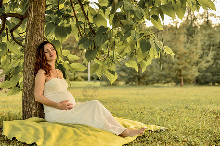 可爱的孕妇坐在草地上在背景日图片