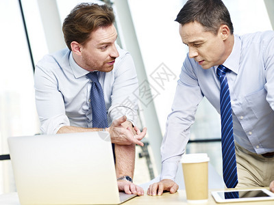 两位高加索企业高管在办公室使用笔记本图片