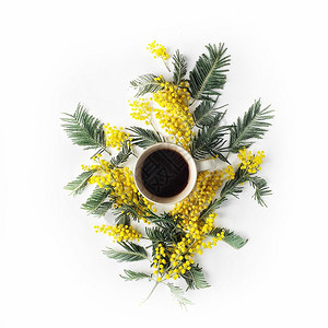黑色咖啡杯和白色背景孤立的黄色mimosa花图片