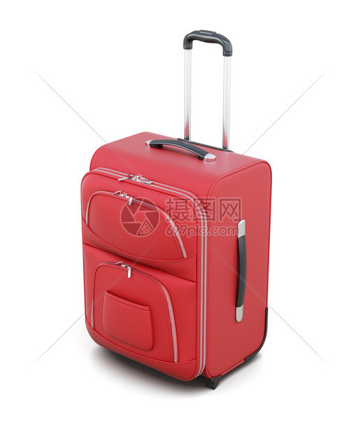 红色手提箱在白色背景的车轮上被隔开用可收回手图片