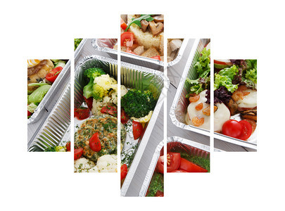 营养肉类和蔬菜沙拉在白底面与条图片
