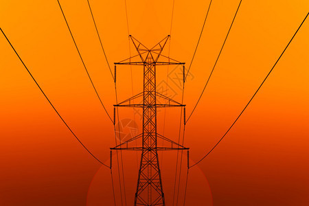 高压电流传输塔能量比隆在日落的背景之下图片