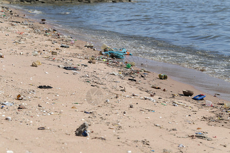 海滩有环境保护的垃圾和污水概念笑声图片