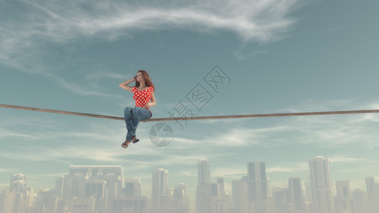 女坐在绳子上与大城市对峙的复合图像这是图片