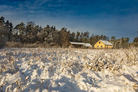 冬季日出风景有新鲜的雪和房子下雪覆图片