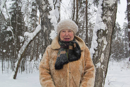 站在寒冬雪中的老太毛皮大衣和帽子横图片